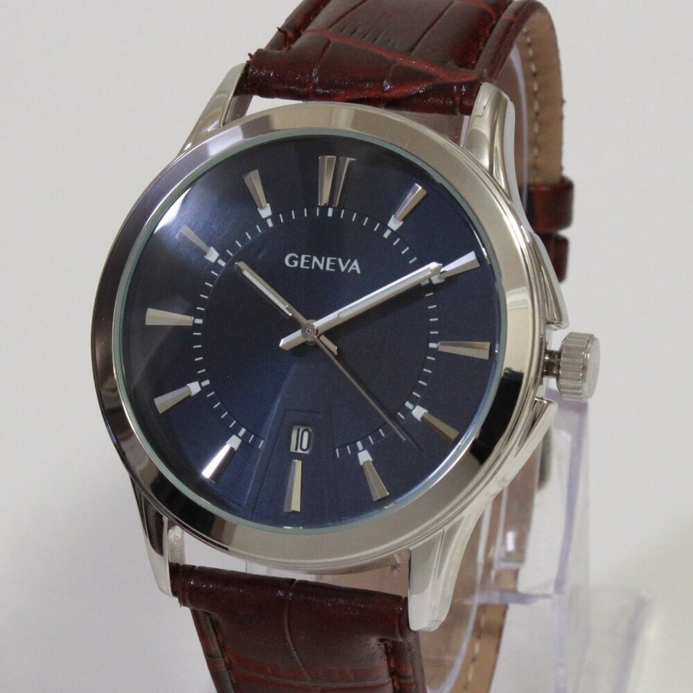 Geneva Men's Dress Watch Silver Tone Navy Blue Dial Brown Strap 42mm - Picture 7 of 13